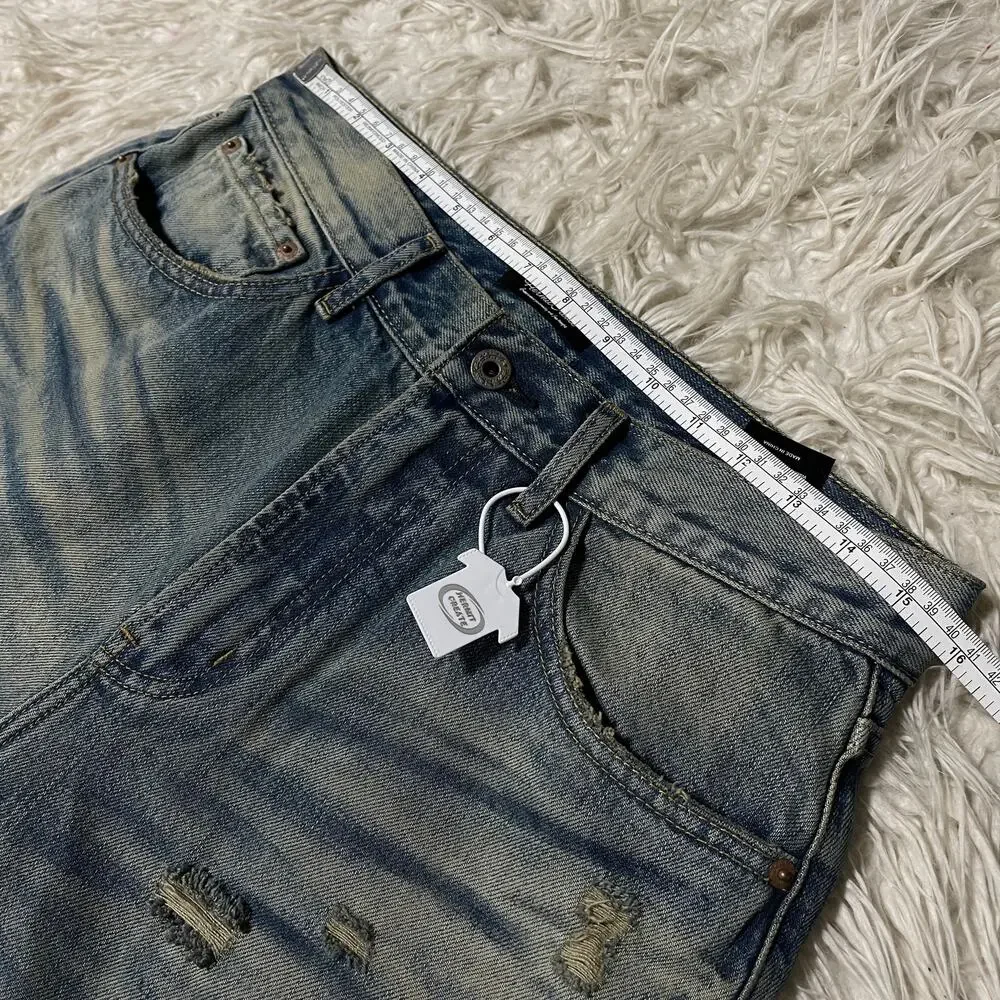 Vintage Faded Wash Distressed Ripped Wide-leg Baggy Denim Jeans Pants Blue sz 31 - Picture 10 of 16